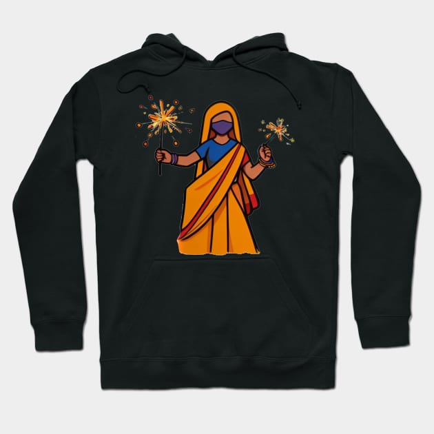 Graceful Celebration: Indian Woman in Traditional Attire with Fireworks Hoodie by abdelDes
